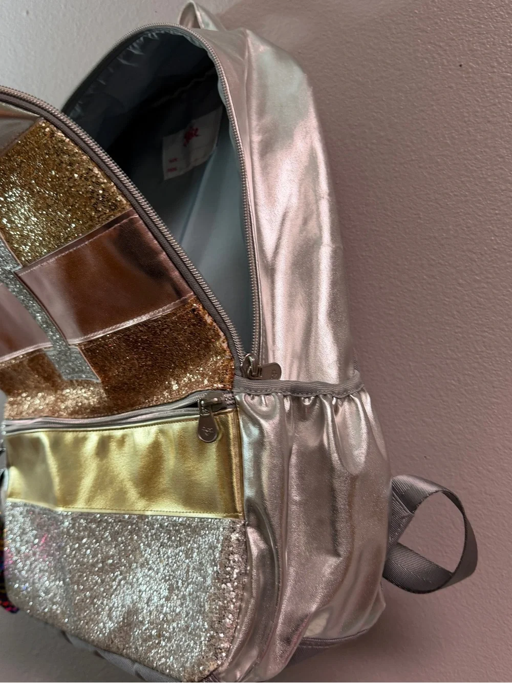 Glitter Patchwork Girls Backpack - Gold & Silver